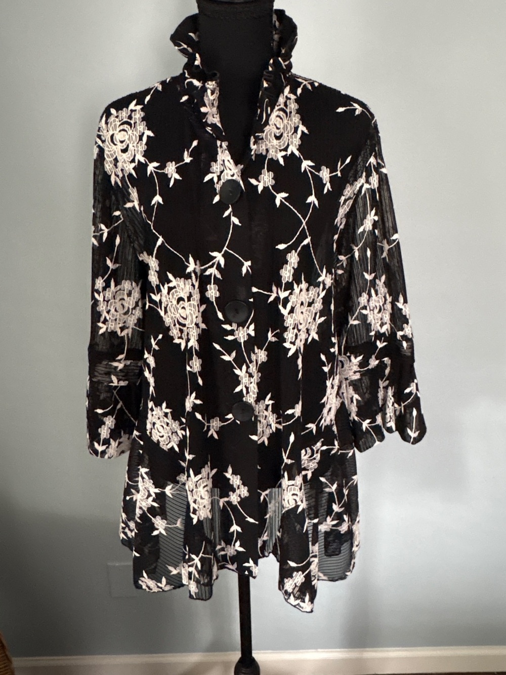 Damee Black Blouse Jacket with Cream Floral Embroidery